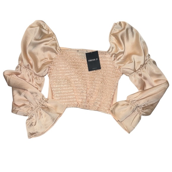 Size Small NWT Beige Champagne Peasant Long Sleeve Woven Crop top Forever 21 - Picture 8 of 9